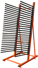 metal shelf with black slats on an orange stand against a white background. to hold auto glass or windshields in the warehouse. load capacity is 25 windshield. 