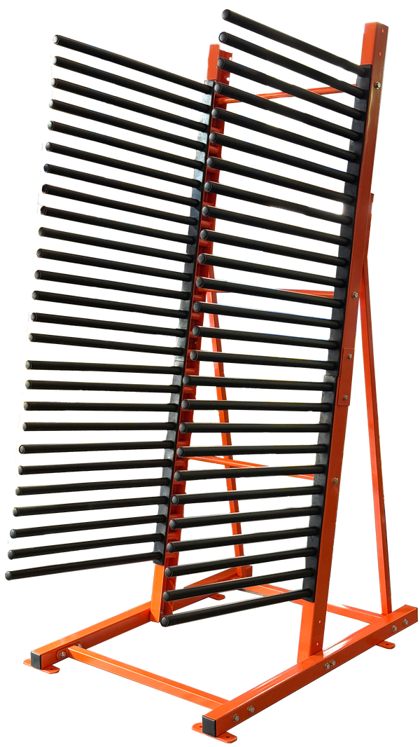 metal shelf with black slats on an orange stand against a white background. to hold auto glass or windshields in the warehouse. load capacity is 25 windshield. 