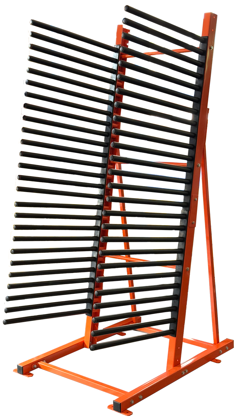 metal shelf with black slats on an orange stand against a white background. to hold auto glass or windshields in the warehouse. load capacity is 25 windshield. 
