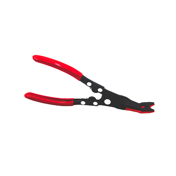 This is a photo of a clip removal pliers. They are black metal pliers with red padding on the jaws and red rubber handles.