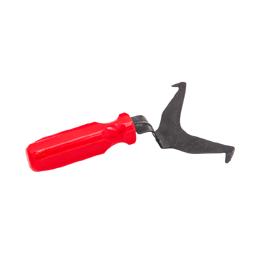This is a photo of a double-direction molding release tool. It is made of dark metal that splits into two, attached to a red handle. 